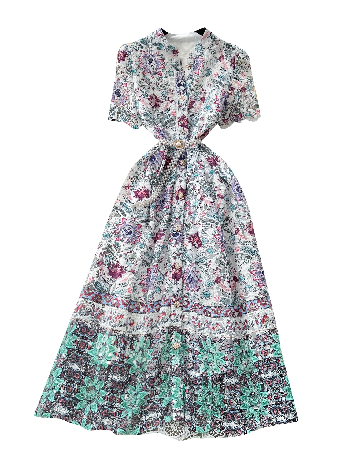 Ele Long Dr High Waist A-Line Silhouette ort Sve Hollow out Lace Single Button Luxury Women's Faion Summer Dr