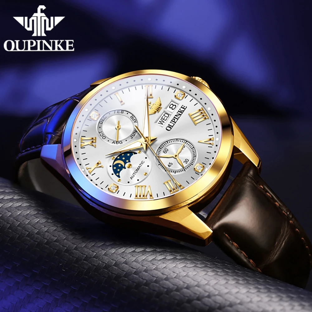 OUPINKE 3300 Men Watch Classic Roman Scale Moon Phase Waterproof Chronograph Casual Leather Strap Automatic Mechanical Men Watch
