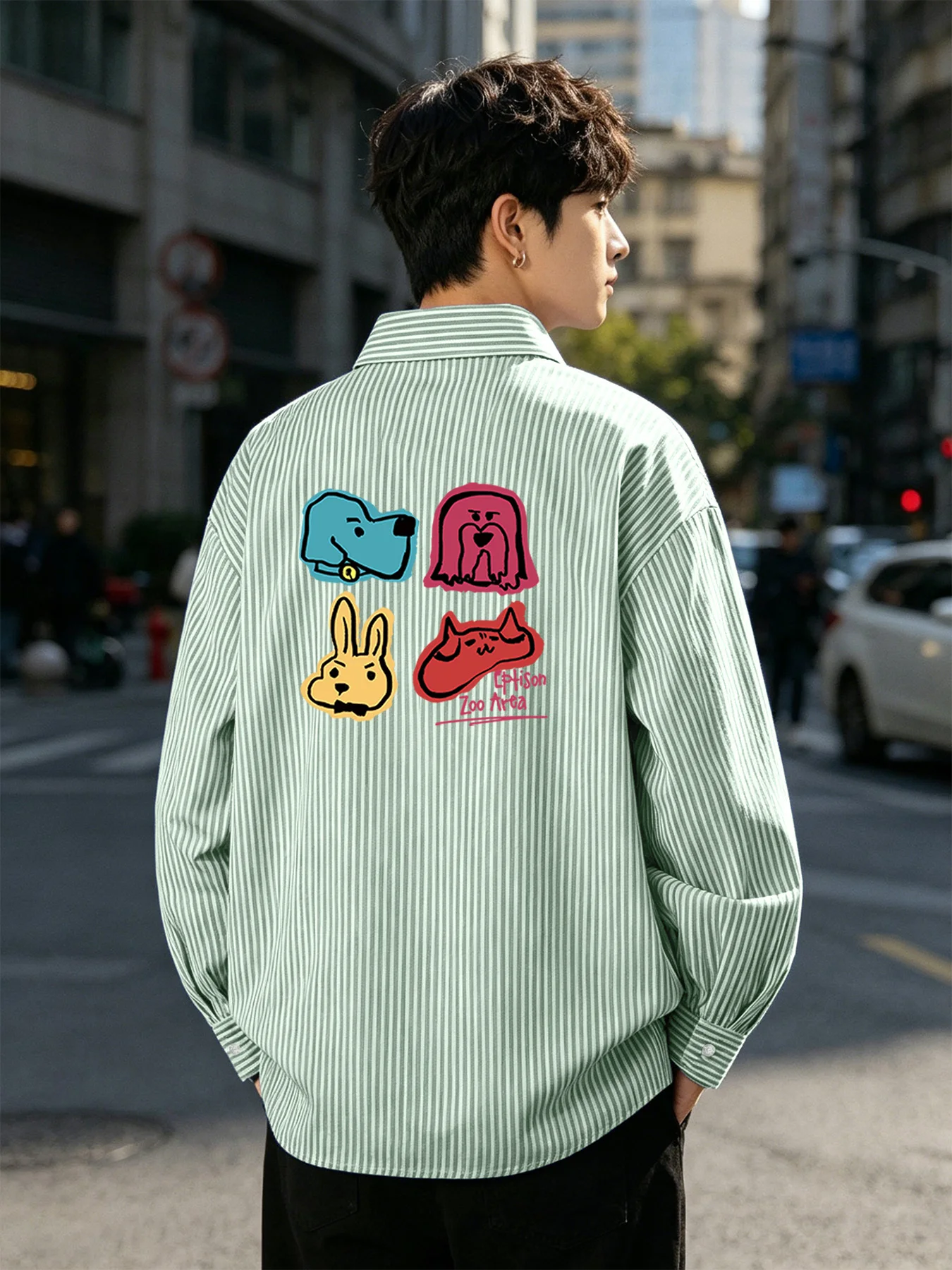 

Early Spring and Autumn Men's New Cartoon Back Turn-Down Collar Striped Long Sleeve Casual Versatile Shirt