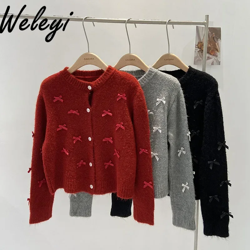 

Korean Style Sweet Bow Knitted Cardigan Woman 2024 Autumn and Winter New Loose Chic Thickened Sweater Cardigans Casaco Feminino