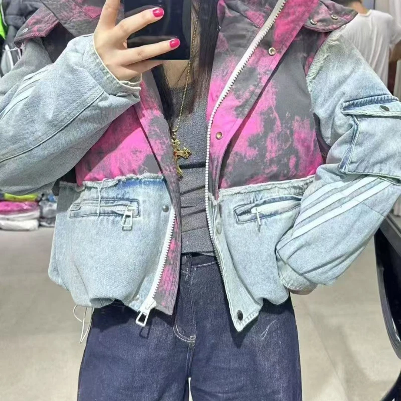 Damska kurtka puchowa na zimę 2025, ocieplana, modna, casualowa, parka z denimowymi przeszyciami, nowa, z odpinanym kapturem, 90% biały puch kaczki.