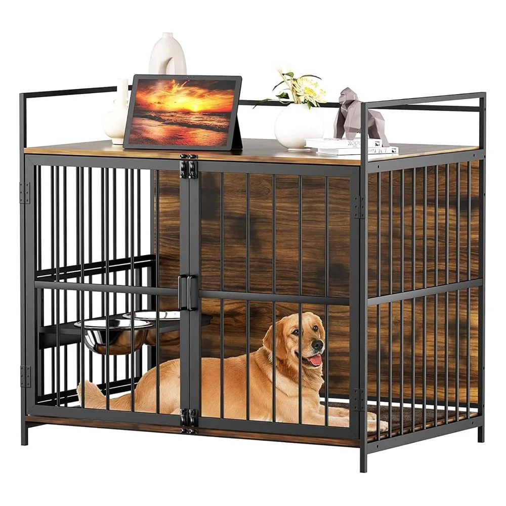 Large Dog Crate 360° Adjustable Raised Feeder Stainless Steel Bowls End Table Indoor 41x24x36 Brown, Custom