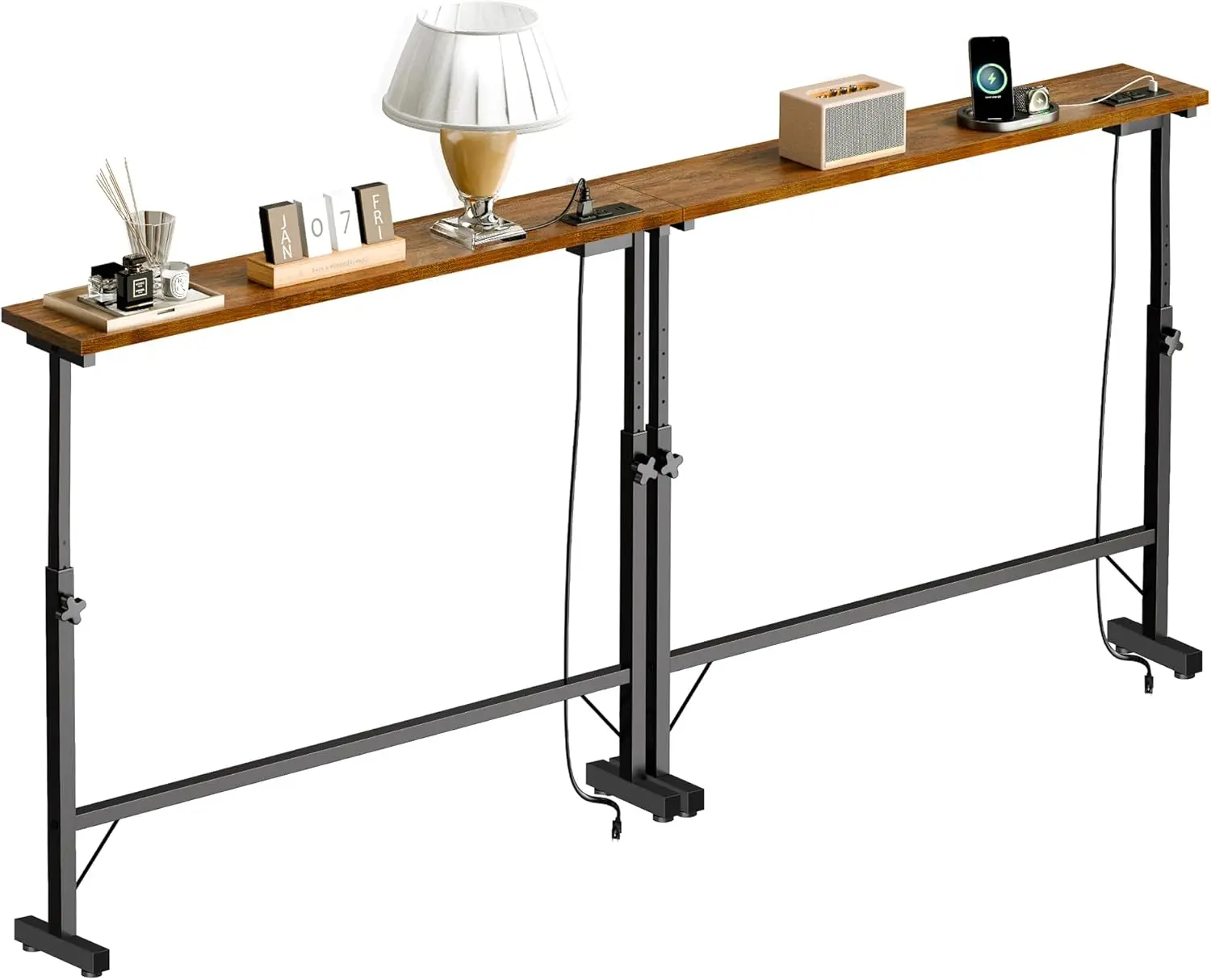 

Набор из 2-х узких консольных столиков с регулируемой высотой и розетками для прихожей, спальни, гостиной, декор в деревенском стиле, цвет коричневый.