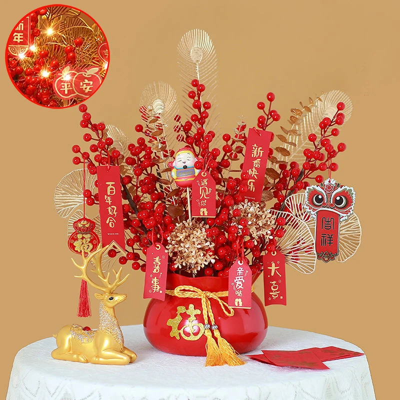 

Fortune Red Fruit Fake Flower Metal Futong Pot Set New Year Wedding Housewarming Gifts Home Livingroom Decoration Crafts