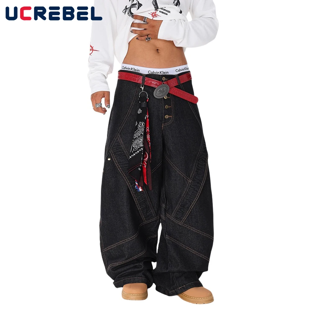 

Topstitch Spliced Jeans Mens with Rivets Retro High Street Pocket Wide Leg Baggy Washed Denim Pants Man