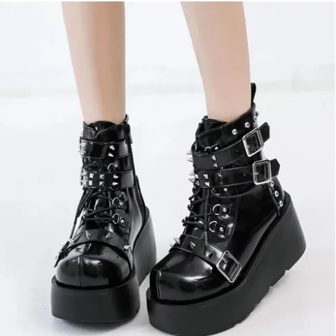 Brand New Ladies Goth Platform Ankle Boots Fashion Buckle Zip Rivet Punk Wedges High Heels Womens Boots Party Street Woman Shoes