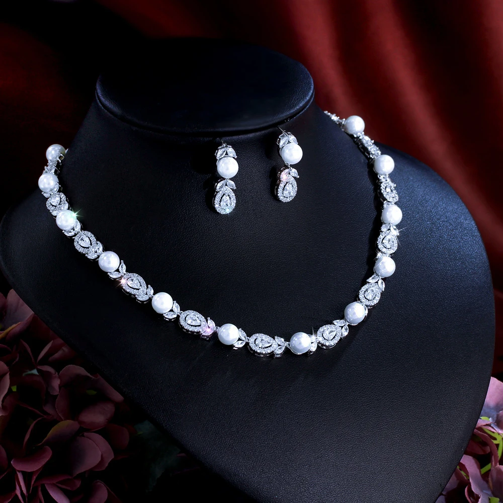 CWWZircons Luxury Big Round Leaf Cubic Zirconia Necklace Bridal Pearl Jewelry Sets Women Wedding Party Costume Jewellery T0622