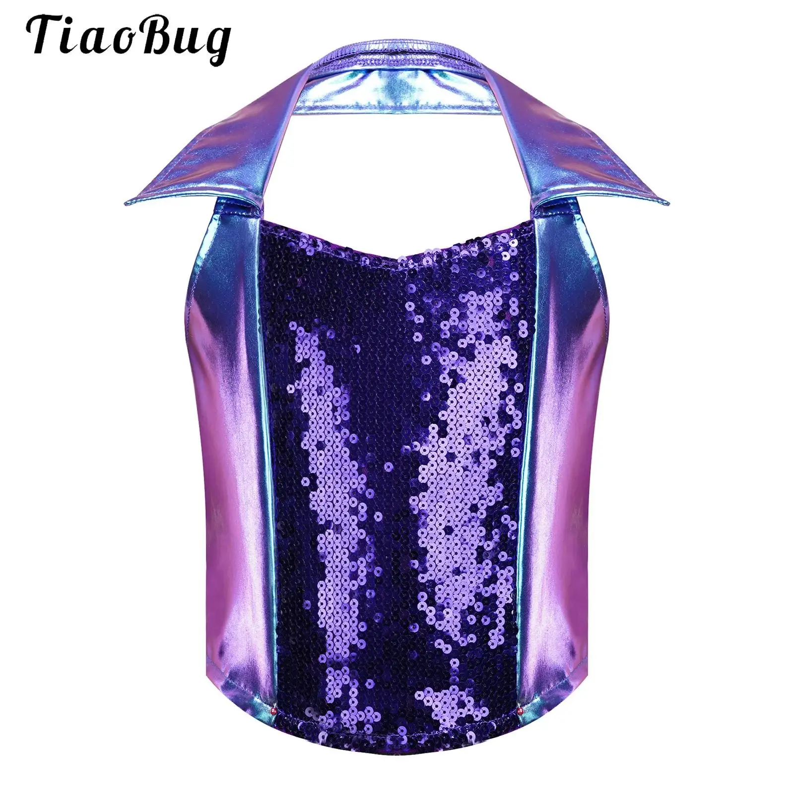 Girls Jazz Disco Halter Crop Top Glitter Sequins Sleeveless Backless Zip-up Waistcoats Child Metallic Shiny Tank Top Crop Vest