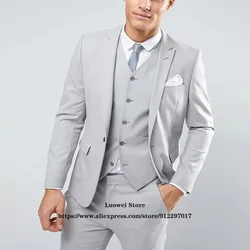 Traje de negocios para hombre, chaqueta ajustada de 3 piezas, chaleco, pantalones, conjunto de novio, boda, esmoquin con solapa de pico, color gris claro