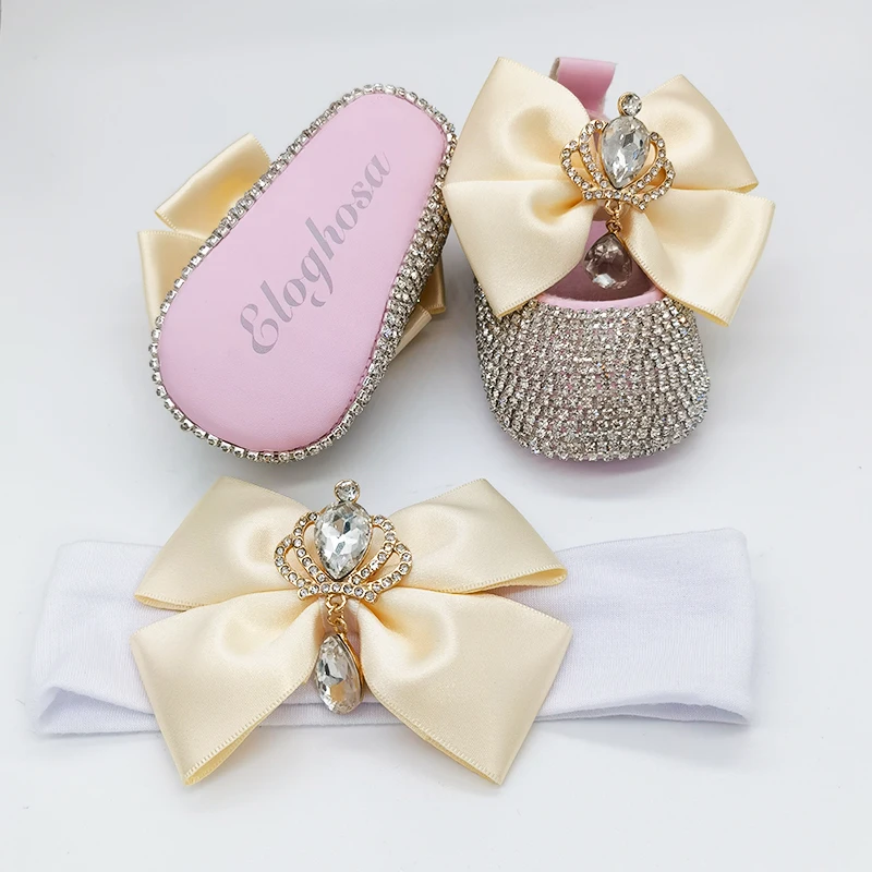 Dollbling Luxury Jewelry Crown Baby Girl 0-1 Year Bella Crib Shoes with Matched Headband Set Personlized Name Newborn Gift