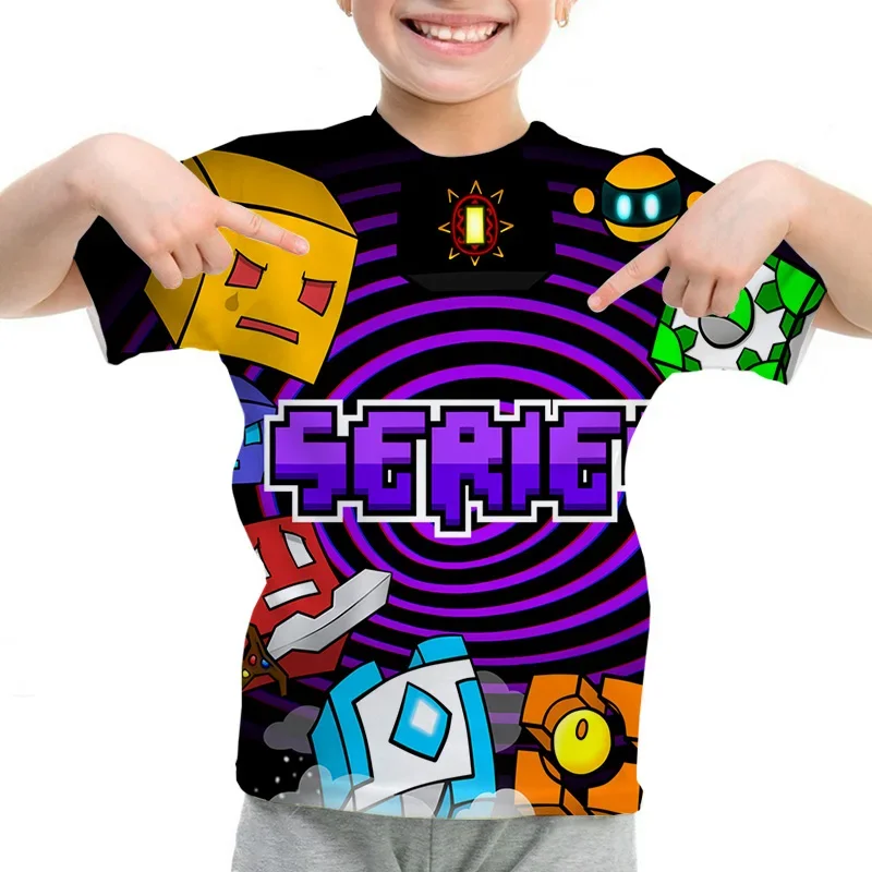 Game Angry Geometry Dash T-Shirt Boy Girls Cartoon 3d Print T-shirts Kids Summer Short Sleeve Casual T Shirt Children Clothing