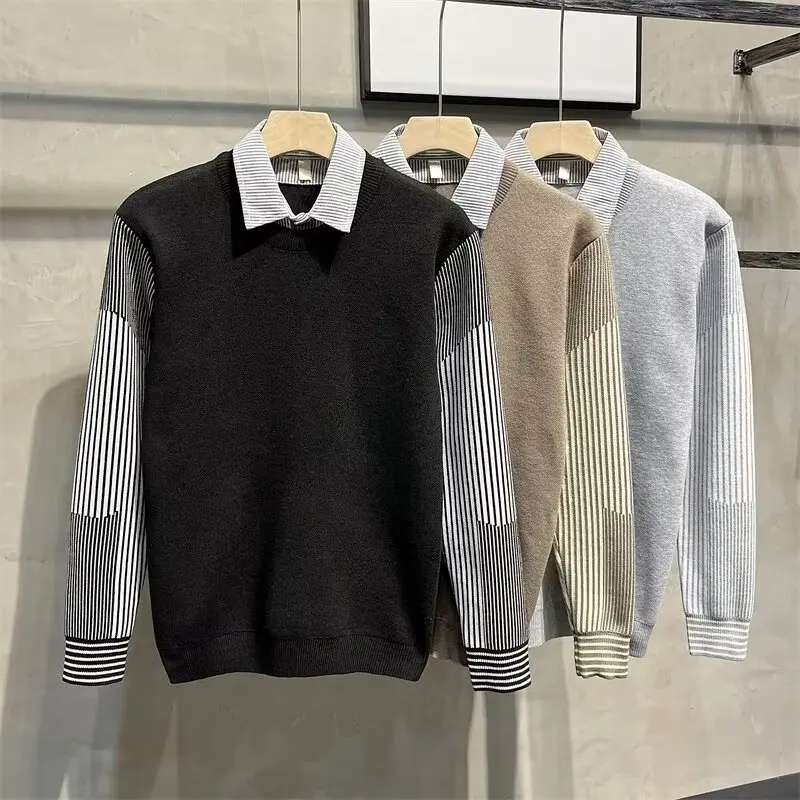 

Autumn Winter Large Size Men's irt Collar Sweater Fake Two-Piece Knitwear Warm Simple Sli Overhead Polyester Fiber