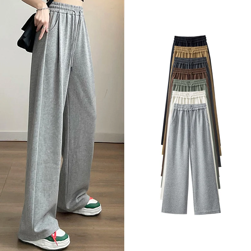 2024 Autumn Women Korean Version Streetwear High Waisted Long Pants Lady Versatile Basic Leisure Wide Leg Straight Leg Trousers