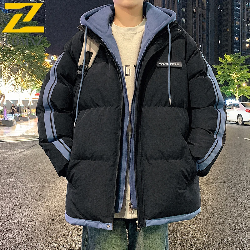 Autumn and Winter Jacket Men's Korean Style Street Thick Fake Two-Piece Hooded Padded Coat Male Casual Warm Down Cotton Parka