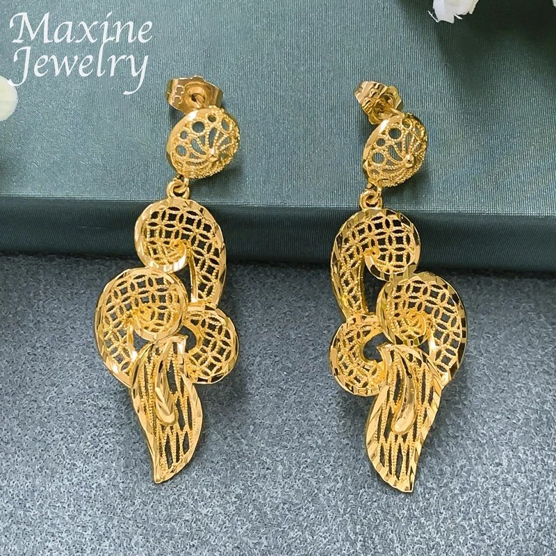 Italian Hollow Luxury Original 18K Gold Plated Jewelry Set Chunky Necklace Drop Earrings for Women Party Bridal Wedding Gifts