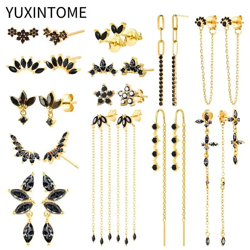 925 prata esterlina agulha preto zircão geométrico brincos para mulheres estrela/flor piercing pingente brincos moda jóias