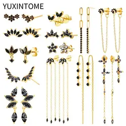 925 Sterling Silver Needle Black Zircon Geometric Stud Earrings for Women Star/Flower Piercing Pendant Earrings Fashion Jewelry
