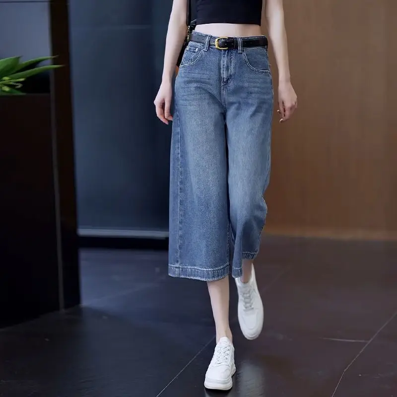 Women Summer Light Wash Cropped Wide Leg Jeans Loose Petite Friendly Casual High Waist Denim Capri Pants