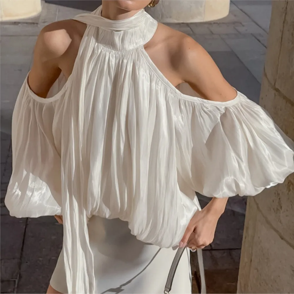 Halter Neck Floating Collar Off-shoulder Top Spring Summer French Women's Gold Silver Filigree Puff-sleeved Long-sleeved Shirt