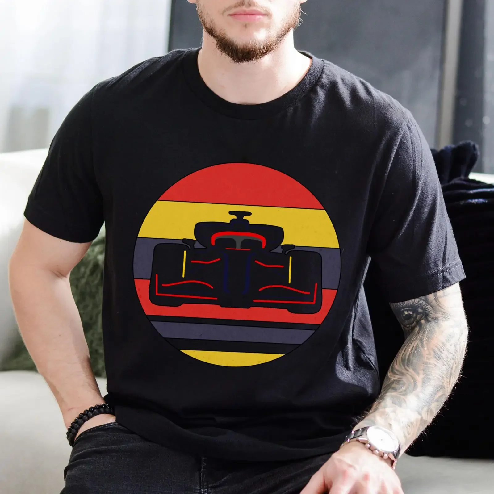 Retro Racing Car Sunset T Shirt Motorsport Fan  vintage Washed Stylish Top For Everyday Wear Soft Breathable Comfortable