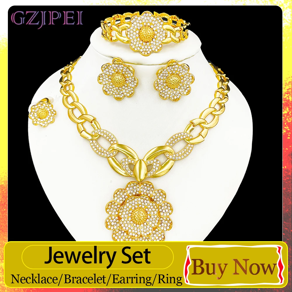Vintage Jewelry Sets For Women Plant Flower Big Pendant Quality Necklace Earrings Ring Bracelet Set Jewelry Trending