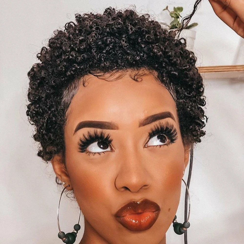

Афро-пушистые вьющиеся человеческие волосы Парики с стрижкой пикси Парик из 100% человеческих волос Короткие кудрявые человеческие волосы Полный машинный парик для женщин