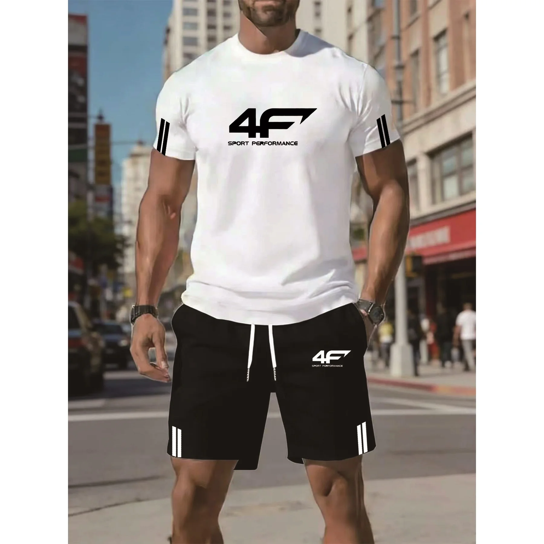 Sports Casual 2-Piece Sets Pattern Printed Mesh Breathable Short-Sleeved T-Shirt + Shorts Sets Jogging Running Sets Men Summer