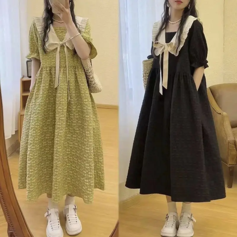 

Plus size French style collar dress women's summer fat loose slimming dress belly-covering age-reducing dress