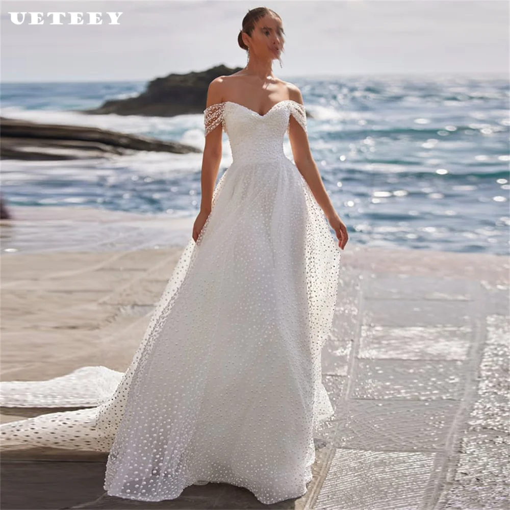 

UETEEY Customized Princess Polka Dot Tulle Off Shoulder V Neck A Line Wedding Dress Lace Up Back V Neck Court Train Bridal Gown
