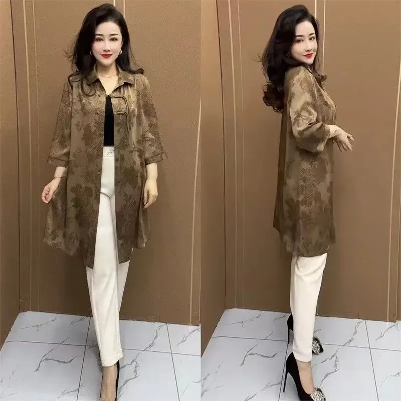 Nueva Camisa Larga Holgada Estilo Chino para Mamá, Protección Térmica para Mujeres de Mediana Edad, Manga Larga, Cuello con Estampado