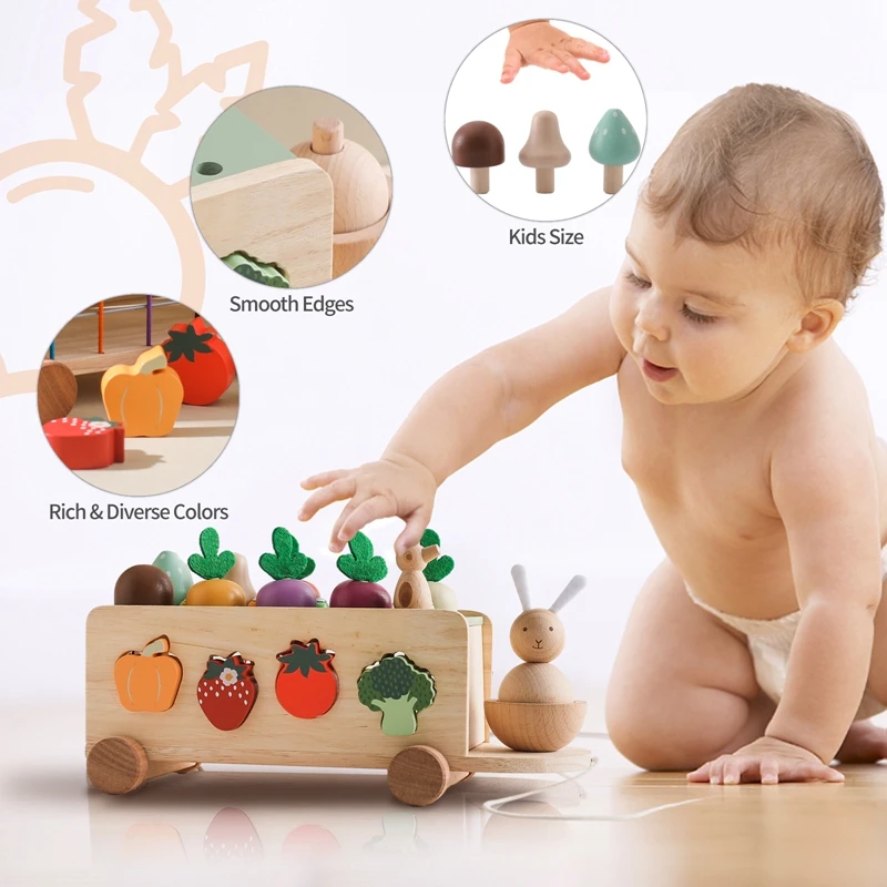 Brinquedo montessori de madeira nabo carro estiramento corda mão-tirou carro bebê cenoura puxando brinquedo forma correspondência brinquedo pai-filho educação