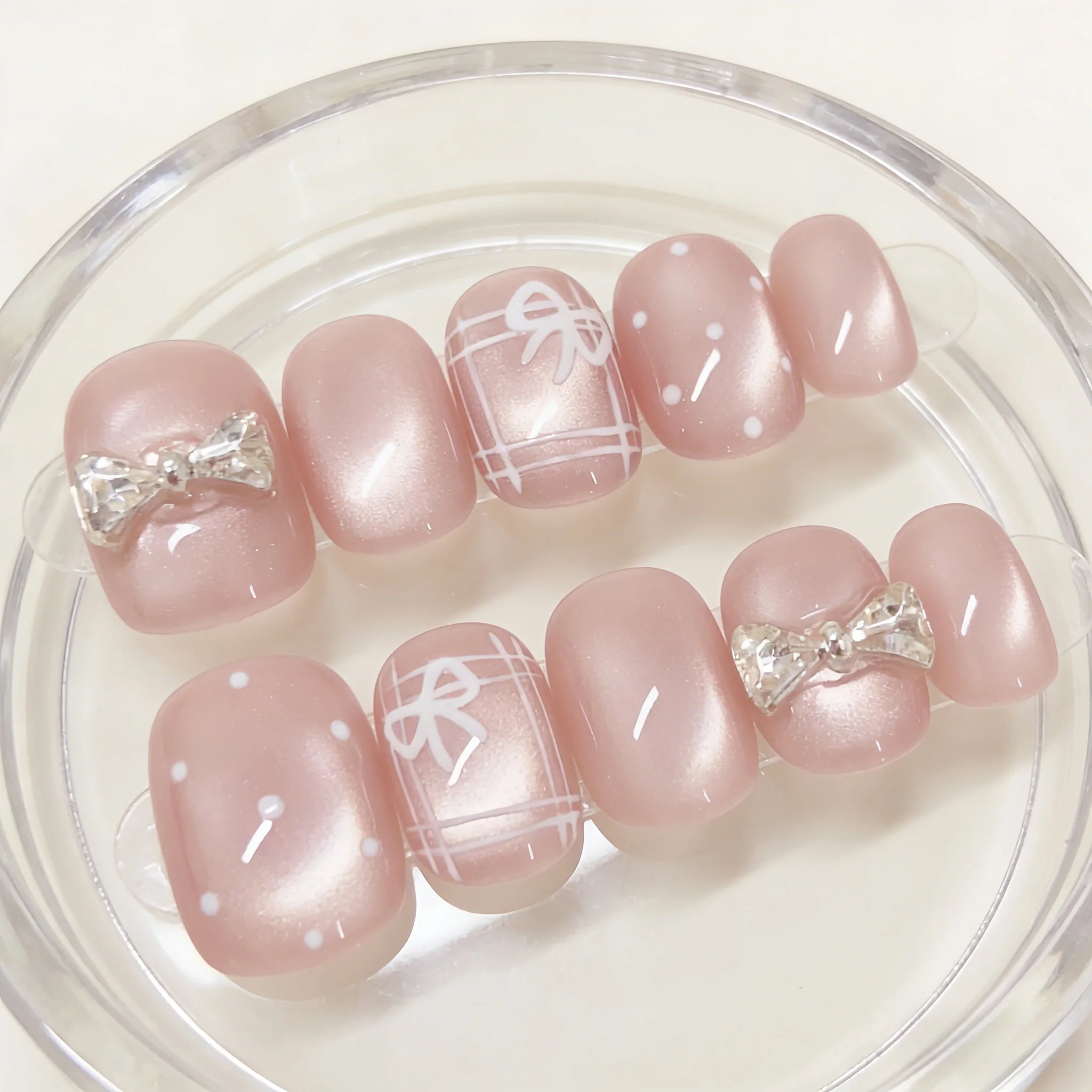 

10pcs Pink Milk Jelly Handmade Nails Butterfly Rhinestone Cat's Eye Press on Nail Short Oval Fake Nail for Women&Girl False Nail
