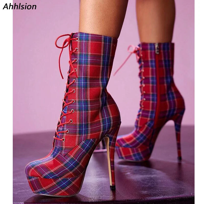 

Ahhlsion Handmade Artisan Crafted Tartan Pattern Ankle Boots with Chrome Heels - Gothic Punk Platform Shoes Size 5-20