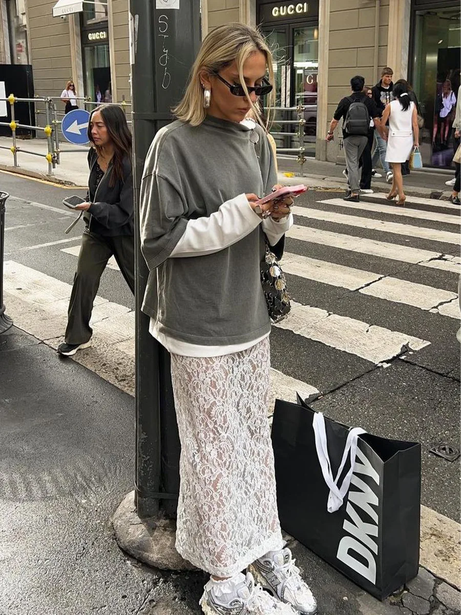 

Bornladies Sexy Perspective White Flare Skirts Summer Women Vacation High Waist Long Skirts Lace Beach Style Skirt