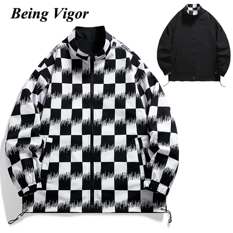 

Being Vigor Street Wear Full Zipper Reversible Chequered Jacket Spring Windbreaker Plaid Trench Jacket Outerwear