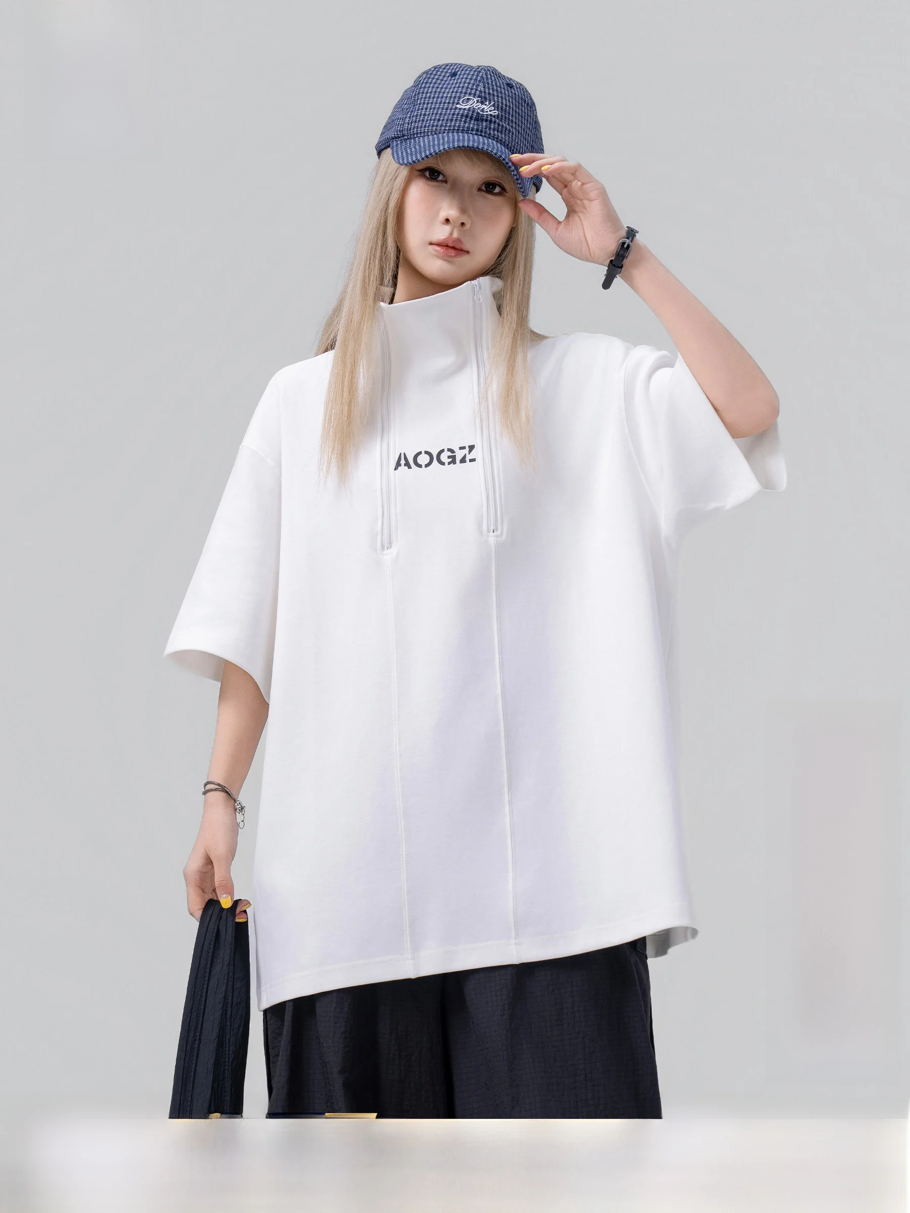 AOGZ Unisex Double Zipper Stand Collar Short Sleeve T-Shirt Outdoor Functional Half Sleeve Summer Fashionable Cotton Blend Top