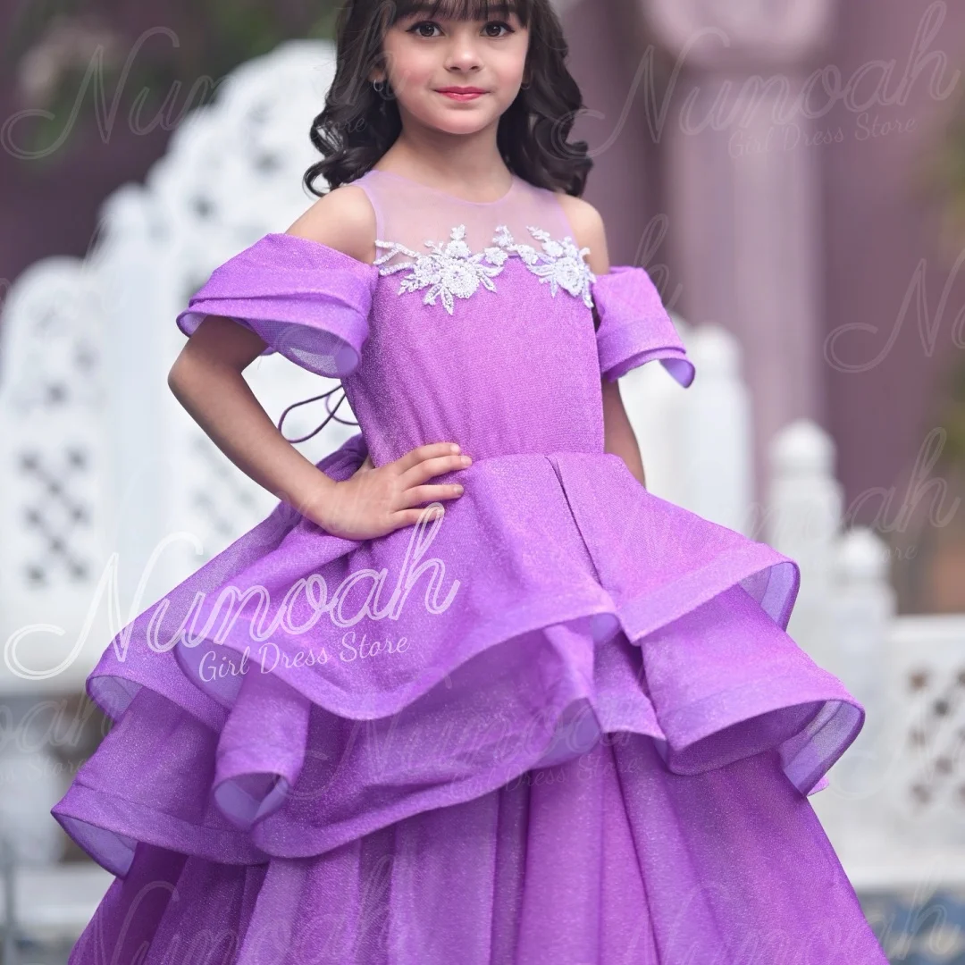 Purple Flower Girl Dress For Wedding with Trail Lace Appliques Floor Length Girl Birthday Party First Communion Gown Customized