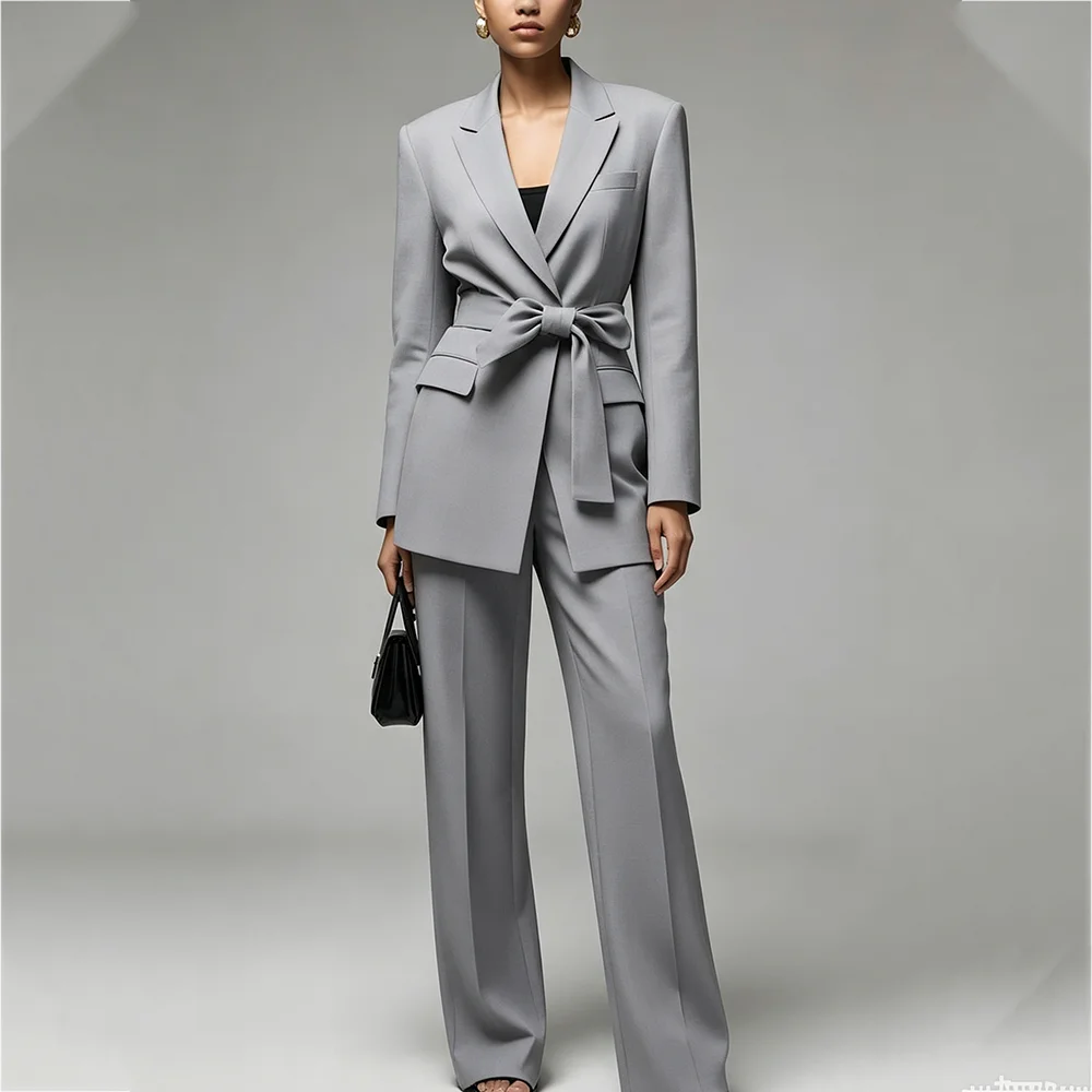 Elegant Grey Women Pant Suits Belted Wrap Notched Lapel Blazer Straight Fit Office Business Formal Party Professional Outfit
