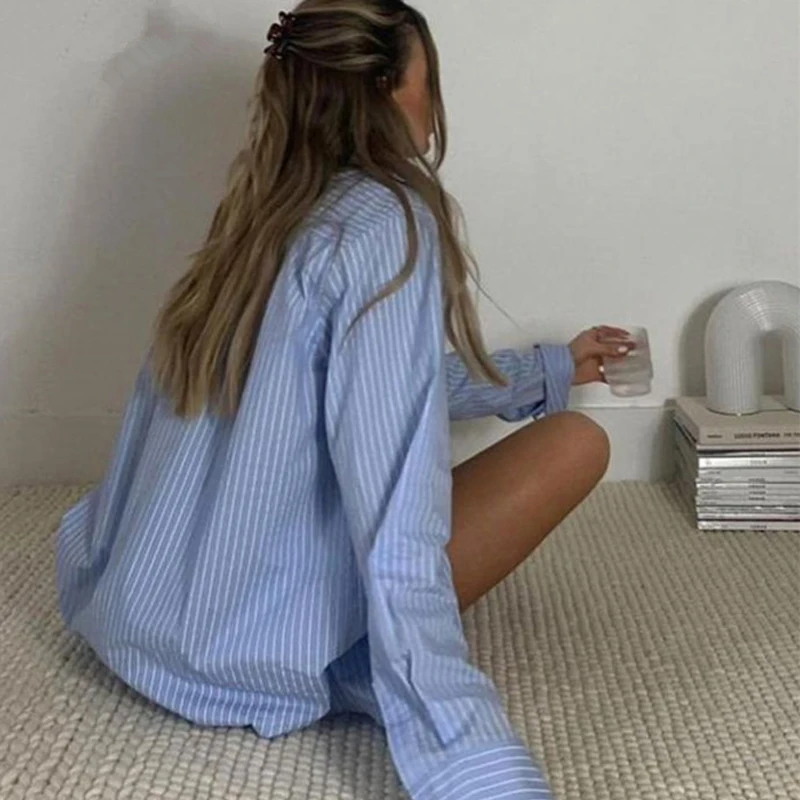 Women's Home Clothes Stripe Long Sleeve Shirt Tops and Loose High Waisted Mini Shorts Two Piece Set Pajamas