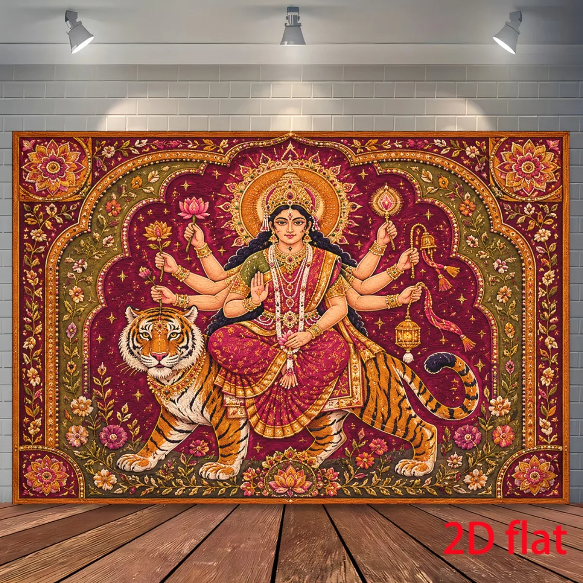 Vibrant Goddess Durga and Tiger Wall Hanging Tapestry Indian Mythology Spiritual Home Decor Art