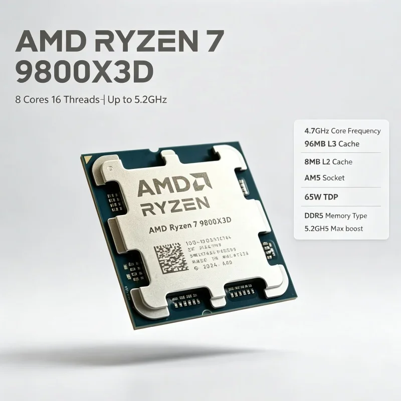 AMD Ryzen 7 9800X3D with DDR5 6000 Gaming CPU 8 Core 16 Thread 96MB L3 Cache 5.2GHz AM5 4nm Desktop Processor 120W