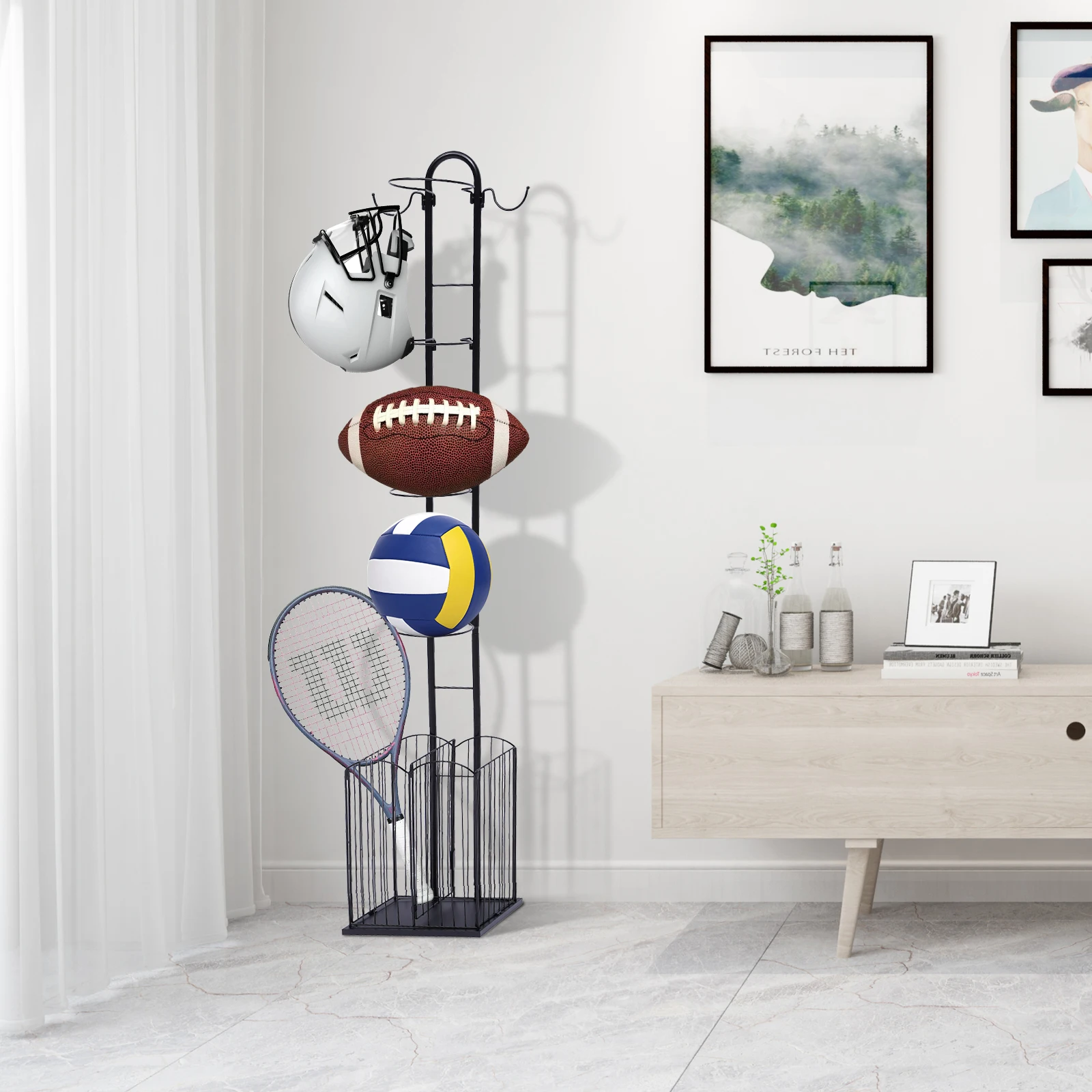 Opbergstandaard voor sportbal Grote opslagcapaciteit Ruimtebesparend Vrijstaand Gemaakt om lang ijzer Zwart