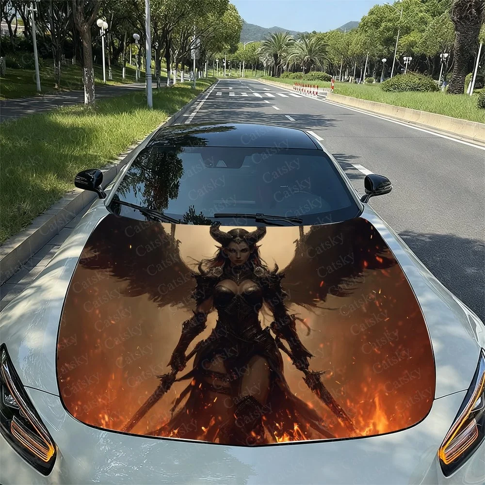 Warrior Wings Woman Car Hood Sticker PVC Self Waterproof Stick, Striking Auto Exterior Accessories Decor Protect Gift for Lover
