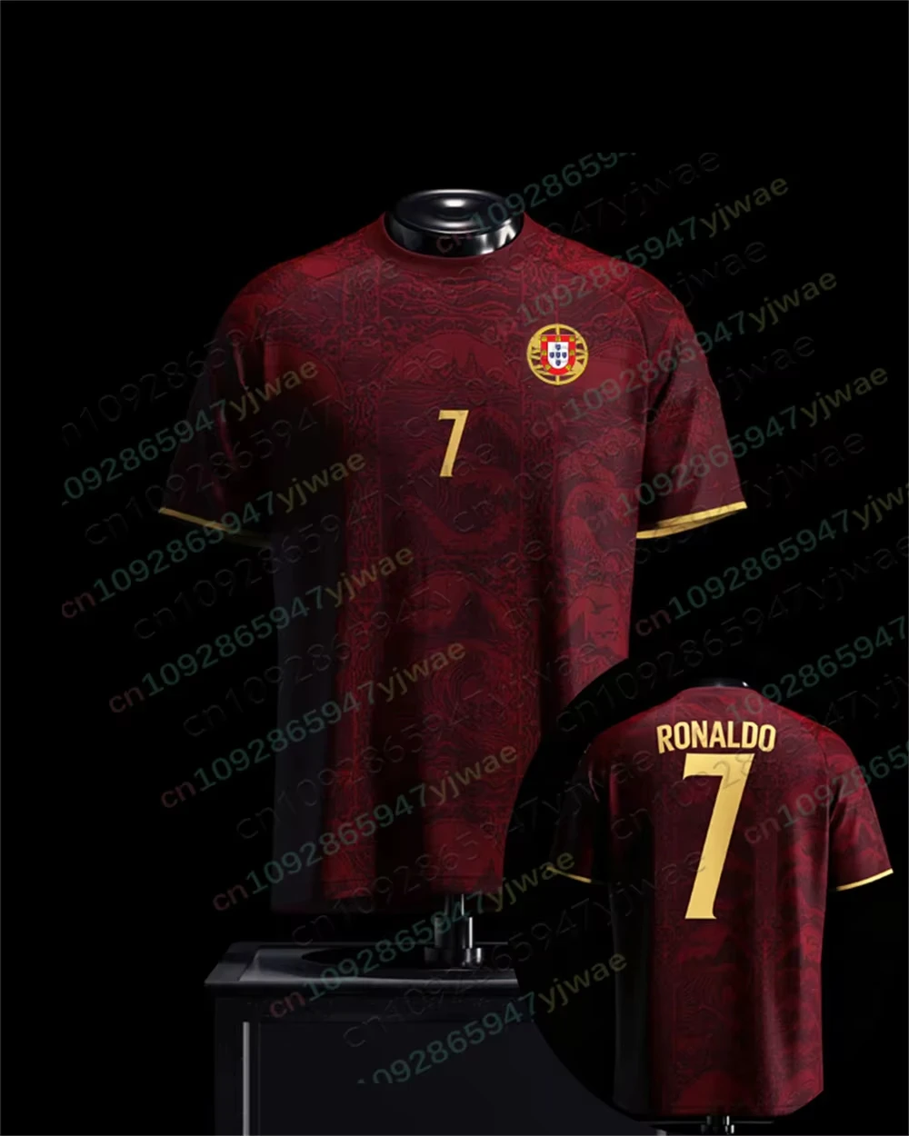 Summer Unisex Portugal Soccer Jersey Mint Wave Print Front No.7 Back Digit Red Cuffs Crest 2026 Crest Fan Football Shirt