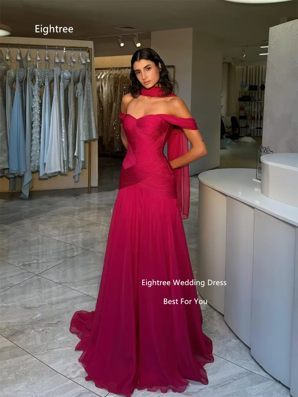 Eightree Amaranth A‑Line evening Dresses Off‑the‑Shoulder Sleeveless prom Dress Matching Scarf Court Train Gowns Customized