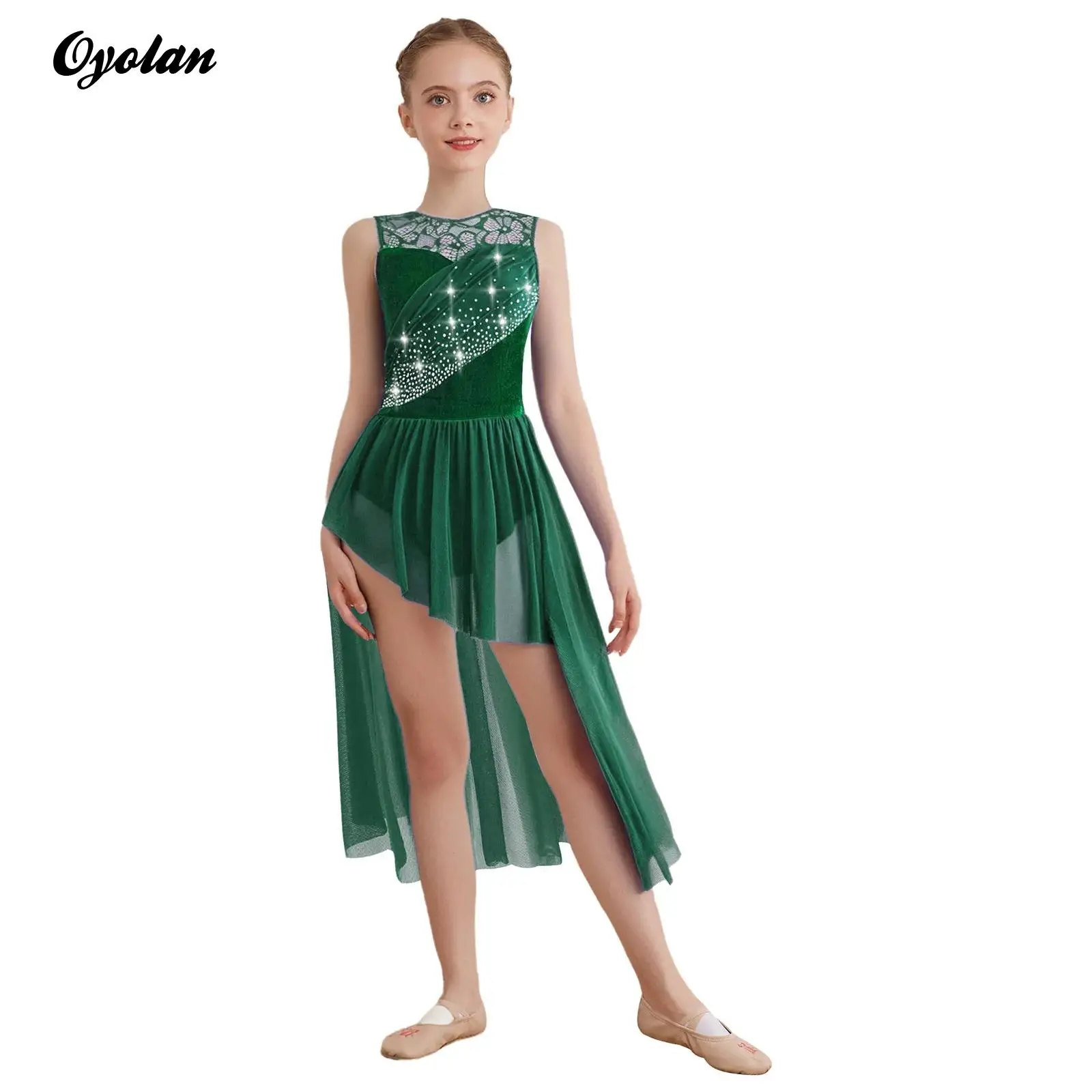 

Kids Girls Sparkly Rhinestones Gymnastics Figure Skating Acrobatics Ballet Jersey Lyrical Dance Costume Overlay Leotards Dress