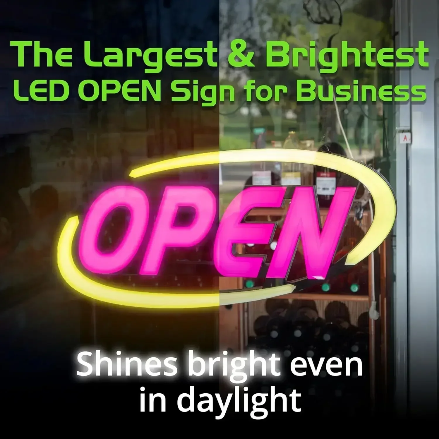 Super‑Bright LED Open Sign 15×32 in – Programmable with 64 Color Combos via App or Remote – Static, Scroll, Flash & Phase Modes