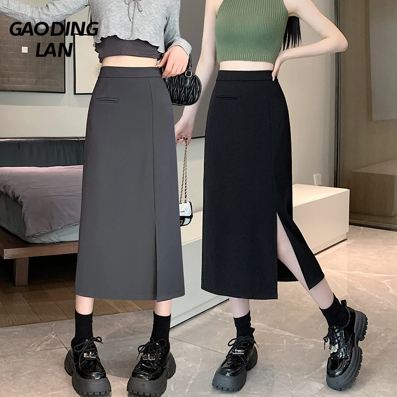 

GAODINGLAN Summer Spring Solid Color Women Slit Suit Skirt Straight High Waist One Step Hip Wrap Skirts Female Mid Calf Skirt