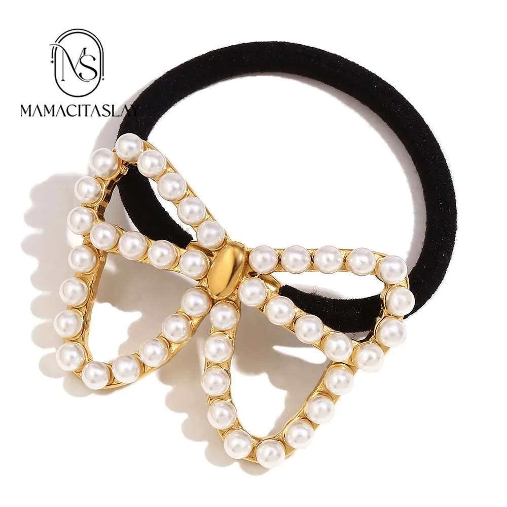 MamacitaSlay New Design Sweet Elegant Bow Imitation Pearl Titanium Horsetail Rope Titanium Metal Hair Rope Hair accessories