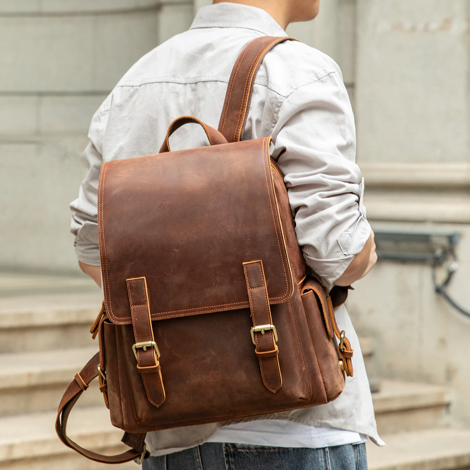 Vintage Crazy Horse Leather Men's Backpack Large Capacity Flap Laptop Bag Premium Top-Grain Cowhide School Rucksack